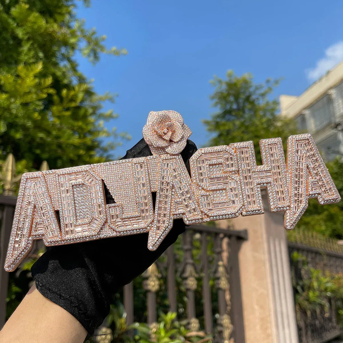 Rising Rose Edition Iced Out Personalized Custom Name Necklace Pendant with Rose Flower Bail - Luxury Jewelry - CaratixJewelry